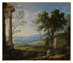Classical landscape with ancient ruins, figures in the foreground
