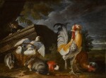 A cat lurking by a basket of pigeons, with two rabbits, a marmot, a rooster and a chicken in the foreground