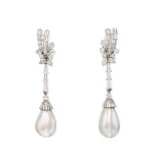 Pair of Natural Pearl and Diamond Pendant-Earclips  天然珍珠配鑽石耳墜一對