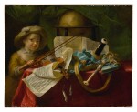 NICOLAS-HENRY JEAURAT DE BERTRY | STILL LIFE OF MUSICAL INSTRUMENTS, A GLOBE AND OTHER OBJECTS ON A TABLE DRAPED IN A RED VELVET CLOTH, WITH A YOUNG GIRL HOLDING A BOW