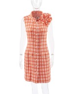 CHANEL | ORANGE AND WHITE TWEED DRESS WITH CAMELLIA BROOCHES 