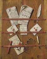 EDWAERT COLLIER |  Trompe l'œil with a letter rack holding newspapers, letters, writing equipment and a comb