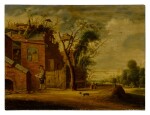 Country landscape with a hennetaster before a cottage with dovecote
