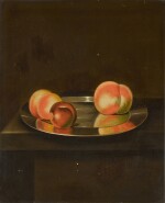 A still life with peaches and a plum on a pewter plate on a ledge