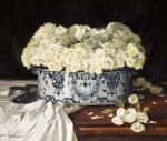 Still life with blue and white cistern issuing flowers