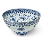 An exceptional and rare blue and white 'floral' bowl, Ming dynasty, Yongle period | 明永樂 青花花卉紋蓮子盌