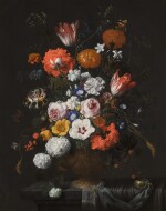 Still life of flowers in a terracotta vase, including roses, parrot tulips, morning glory, carnations, snowball, aster, marigold, larkspur and opium poppy, on a partly draped stone ledge with a watch