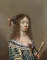 Portrait of a young woman, half-length, wearing a lace-trimmed dress, holding a fan