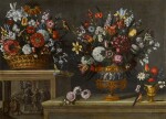 MAESTRO DEL VASO A GROTTESCHE | STILL LIFE WITH A BASKET OF FLOWERS ON A RAISED LEDGE, AND ONE LARGE AND ONE SMALLER VASE OF FLOWERS ON A LOWER LEDGE 