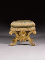 A George II gilt and carved pine X-frame stool, circa 1735-40, the design attributed William Kent and executed by Henry Williams