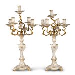 A Pair of Berlin (K.P.M.) Gilt-Bronze Mounted Five-Light Candelabra, Late 19th/Early 20th Century