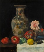 Oriental Vase, Red Apples and Pink Roses in a Glass Vase