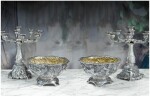 AN AMERICAN SILVER MARINE THEME TABLE GARNITURE: A PAIR OF NINE-LIGHT CANDELABRA AND A PAIR OF CENTERPIECE BOWLS, TIFFANY & CO., NEW YORK, THE DESIGN ATTRIBUTED TO CHARLES OSBORNE, CIRCA 1883