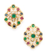 PAIR OF RUBY, EMERALD, SAPPHIRE AND DIAMOND EARCLIPS, CARTIER, PARIS