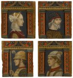 Set of four portraits from a decorative ceiling frieze, depicting a young lady, an old man, a soldier, and a boy