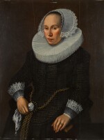 FOLLOWER OF MICHAEL JANSZ. VAN MIEREVELDT | Portrait of a lady, three-quarter-length, in a black embroidered dress with a ruff and lace cuffs and cap, a handkerchief in her hand