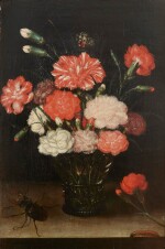Carnations in a roemer with a butterfly, a caterpillar and a stag beetle | Nature morte aux oeillets avec un papillon et une chenille