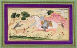 TWO MINIATURES IN THE STYLE OF MU’IN MUSAVVIR: LAYLA AND MAJUN AD A HORSEMAN HUNTING DEER, PERSIA, ISFAHAN, SECOND HALF 17TH CENTURY
