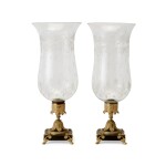 A Pair of Regency Gilt and Patinated Bronze Hurricane Lamps, Early 19th Century, The Shades Later