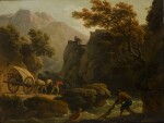 CLAUDE-JOSEPH VERNET | Mountainous river landscape with two fishermen casting a net, and a man with his horse-drawn cart travelling along a sandy path