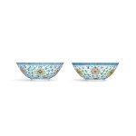 A fine and rare pair of doucai 'floral scroll' bowls, Marks and period of Yongzheng |  清雍正 鬪彩纏枝番蓮紋盌一對 《大清雍正年製》款