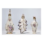 TWO CHELSEA PORCELAIN SCENT BOTTLES AND STOPPERS CIRCA 1755 