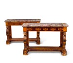  PAIR OF SOUTH ITALIAN ROSEWOOD AND FRUITWOOD CONSOLE TABLES WITH PIETRE DURE TOPS CIRCA 1830, PROBABLY NAPLES