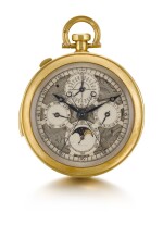 A SUPERB AND VERY RARE GOLD OPEN-FACED SKELETONIZED MINUTE REPEATING PERPETUAL CALENDAR SPLIT SECONDS CHRONOGRAPH WATCH WITH REGISTER, MOON PHASES AND DISPLAY BACK CIRCA 1931 [卡地亞/歐洲鐘錶公司極罕有黃金鏤空三問萬年曆追針計時懷錶備月相顯示及背透蓋，年份約1931]