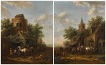 Two village scenes with horsemen by a tavern
