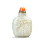 An inscribed Suzhou school white jade snuff bottle, Qing dynasty- Republican period | 清至民國 青白玉人物詩文紋鼻煙壼