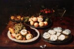 Still life with oysters, fruit and glasses on a table