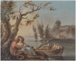 STUDIO OF CLAUDE-JOSEPH VERNET | A COUPLE EMBRACING BENEATH A TREE, NEAR A CALM WATERWAY WITH FIGURES IN A BOAT, AND A ROCKY SHORE BEYOND
