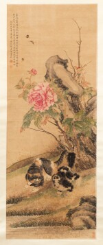 Miu Jiahui (1842-1918) Two cats and peonies | 繆嘉蕙 牡丹雙貓圖 設色紙本 立軸
