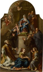 Holy Family with a Deacon, Saints Anthony of Padua, Cecilia, Francis of Paola, Apollonia, and Anthony Abbott, with Two Musical Angels and Three Seraphs