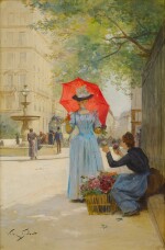 Jeune femme à l'ombrelle achetant des fleurs