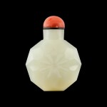 A facetted white jade octagonal snuff bottle Qing dynasty, 18th century | 清十八世紀 白玉磨花八方鼻煙壺