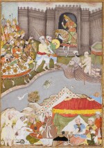 AN ARMY APPROACHES A FORT BY A RIVER, ILLUSTRATION FROM A MUGHAL MANUSCRIPT, INDIA, POPULAR MUGHAL, EARLY 17TH CENTURY, REPAINTED EARLY 19TH CENTURY