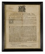 BELCHER, JONATHAN  | By His Excellency Jonathan Belcher, Esq; ... A Proclamation for a general Fast... Boston: Printed by J. Draper, printer to His Excellency the Governour and Council, 1740