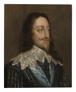 FOLLOWER OF SIR ANTONY VAN DYCK | PORTRAIT OF KING CHARLES I (1600-1649), BUST LENGTH, IN A BLACK DOUBLET AND WHITE LACE COLLAR, WITH THE BLUE GARTER RIBBON AROUND HIS NECK