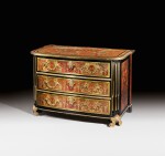 A Louis XIV varnished bronze mounted ebonised, tortoiseshell, tinted horn, brass and mother-of-pearl marquetry commode, attributed to Nicolas Sageot | Commode en laiton doré, placage de bois noirci, marqueterie d'écaille, corne teintée et bronze verni d'époque Louis XIV, attribuée à Nicolas Sageot