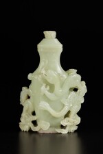 A pale celadon jade 'dragon' vase and cover, Qing dynasty, 18th century | 清十八世紀 青白玉雕雙龍戲珠紋蓋瓶