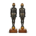 A Pair of Empire Parcel-Gilt and Painted Wood Figures of Antinous as the God Osiris with Feather Headdress,   ﻿Early 19th Century