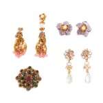 Frances Patiky Stein's Collection: Lot of Three Pairs of Pink and Purple Earclips and One Matching Brooch, Circa 1971-1992