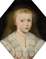 Portrait of a young woman called Elizabeth, bust-length, wearing a lace decorated collar over a pink dress