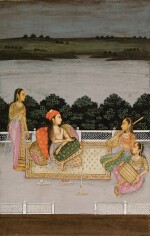 AN ILLUSTRATED AND ILLUMINATED ALBUM LEAF: LADIES ON A TERRACE, INDIA, SUB-IMPERIAL MUGHAL, 18TH CENTURY