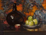 Still Life of a Black Bottle and Apples