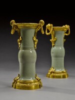 A pair of gilt-bronze mounted Chinese celadon porcelain vases, the porcelain Qianlong (1736-1795), the mounts Louis XV circa 1770