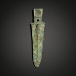 A rare archaic bronze 'taotie and cicada' dagger axe (Ge), Late Shang dynasty | 商末 青銅獸面蟬紋戈