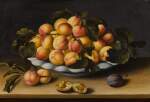 Still life with a bowl of apricots, peaches and plums, all on a ledge