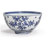 A RARE DATED BLUE AND WHITE 'BIRDS' BOWL, JIAJING MARK AND PERIOD, DATED BINGYIN YEAR, CORRESPONDING TO 1566